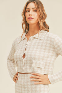 Thumbnail for MABLE Houndstooth Cropped Knit Cardigan and Mini Skirt Set