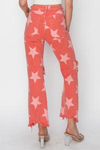 Thumbnail for RISEN Full Size Distressed Raw Hem Star Pattern Jeans