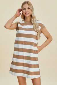 Thumbnail for Basic Bae Full Size Striped Round Neck Cap Sleeve Mini Dress