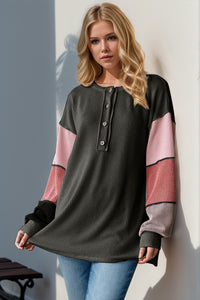 Thumbnail for Double Take Full Size Color Block Round Neck Long Sleeve T-Shirt