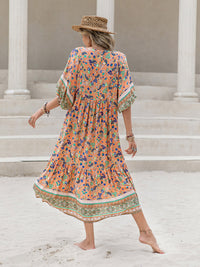 Thumbnail for Printed V-Neck Short Sleeve Maxi Dress