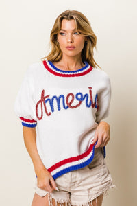 Thumbnail for BiBi Metallic America Letter Short Sleeve Sweater