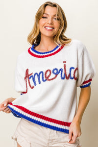 Thumbnail for BiBi Metallic America Letter Short Sleeve Sweater