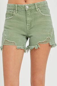 Thumbnail for RISEN Mid Waist Frayed Hem Denim Shorts