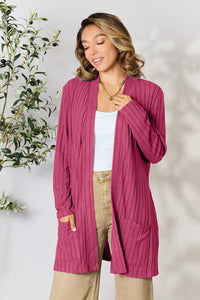 Thumbnail for Basic Bae Full Size Ribbed Open Front Cardigan with Pockets