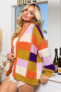 Thumbnail for BiBi Checkered Color Block Sweater Cardigan