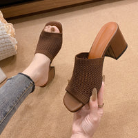 Thumbnail for Block Heel Knit Sandals