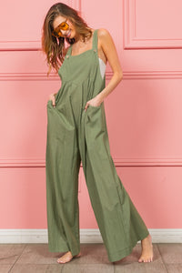 Thumbnail for BiBi Ruched Wide Leg Overalls with Pockets