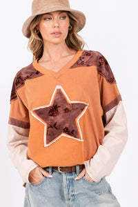 Thumbnail for SAGE + FIG Star Patch Long Sleeve Color Block T-Shirt