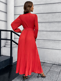 Thumbnail for V-Neck Tie Waist Pleated Maxi Dress