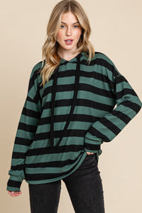 Thumbnail for BOMBOM Drawstring Striped Dropped Shoulder Hoodie