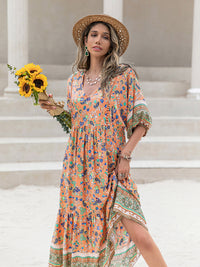 Thumbnail for Printed V-Neck Short Sleeve Maxi Dress