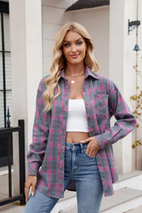 Thumbnail for Mandy Pocketed Plaid Collared Neck Long Sleeve Shirt