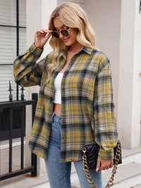 Thumbnail for Mandy Pocketed Plaid Collared Neck Long Sleeve Shirt