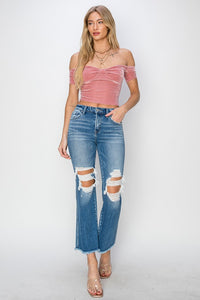 Thumbnail for RISEN Mid Rise Distressed Cropped Flare Jeans