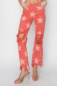 Thumbnail for RISEN Full Size Distressed Raw Hem Star Pattern Jeans