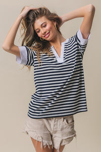 Thumbnail for BiBi Contrast Striped Notched Knit Top