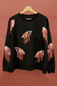 Thumbnail for BiBi Sequin Fringe Football Patch Round Neck Sweatshirt