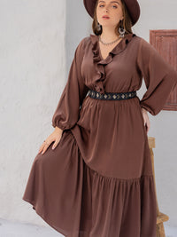 Thumbnail for Plus Size V-Neck Ruffle Trim Maxi Dress