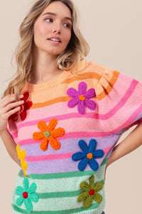 Thumbnail for BiBi Flower Patch Puff Sleeve Striped Sweater