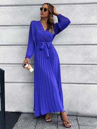 Thumbnail for V-Neck Tie Waist Pleated Maxi Dress