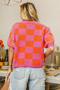 Thumbnail for BiBi Checkered Short Sleeve Sequin Sweater