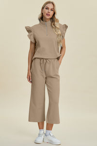 Thumbnail for Double Take Full Size Texture Ruffle Short Sleeve Top and Wide Leg Pants Set