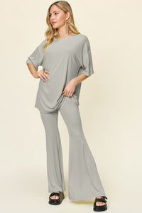 Thumbnail for Double Take Full Size Round Neck Drop Shoulder T-Shirt and Flare Pants Set