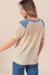 Thumbnail for BiBi Textured Contrast Short Sleeve Sweater