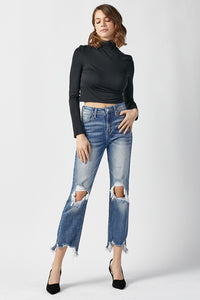 Thumbnail for RISEN High Waist Distressed Frayed Hem Cropped Straight Jeans