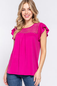 Thumbnail for ACTIVE BASIC Ruffle Short Sleeve Lace Detail Knit Top