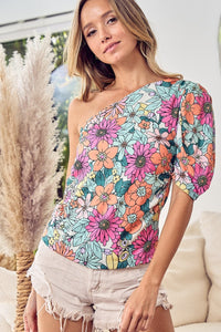 Thumbnail for BiBi Floral Puff Sleeve One Shoulder Top