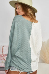 Thumbnail for BiBi Twist Front Contrast Cable Knit Top