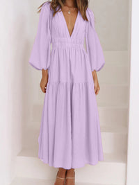 Thumbnail for Deep V-Neck Balloon Sleeve Plain Maxi Dress