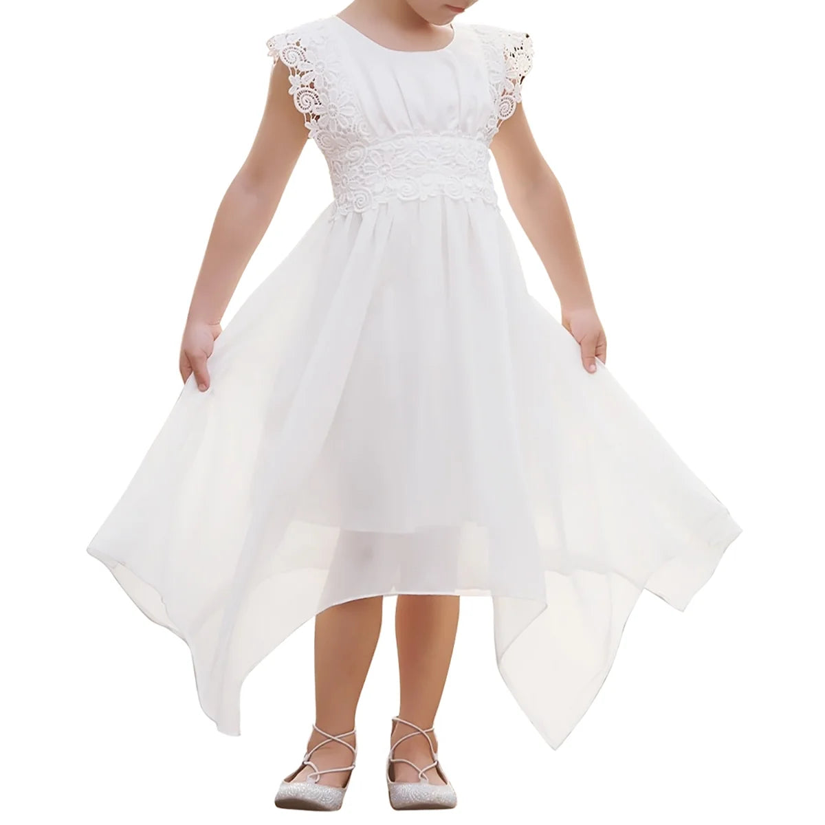 Girl Dresses Summer Dress Lace Flower Sleeveless Casual A-Line Asymmetrical Flowy Maxi Dress Boho Dresses Flower Girl Dress Wedding Party for Toddler Child 1-7 Years, White, 3-4Y