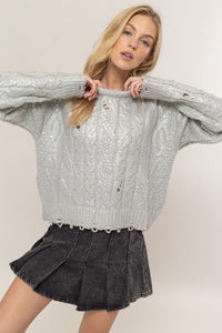 Thumbnail for HYFVE Distressed Cable-Knit Round Neck Long Sleeve Sweater