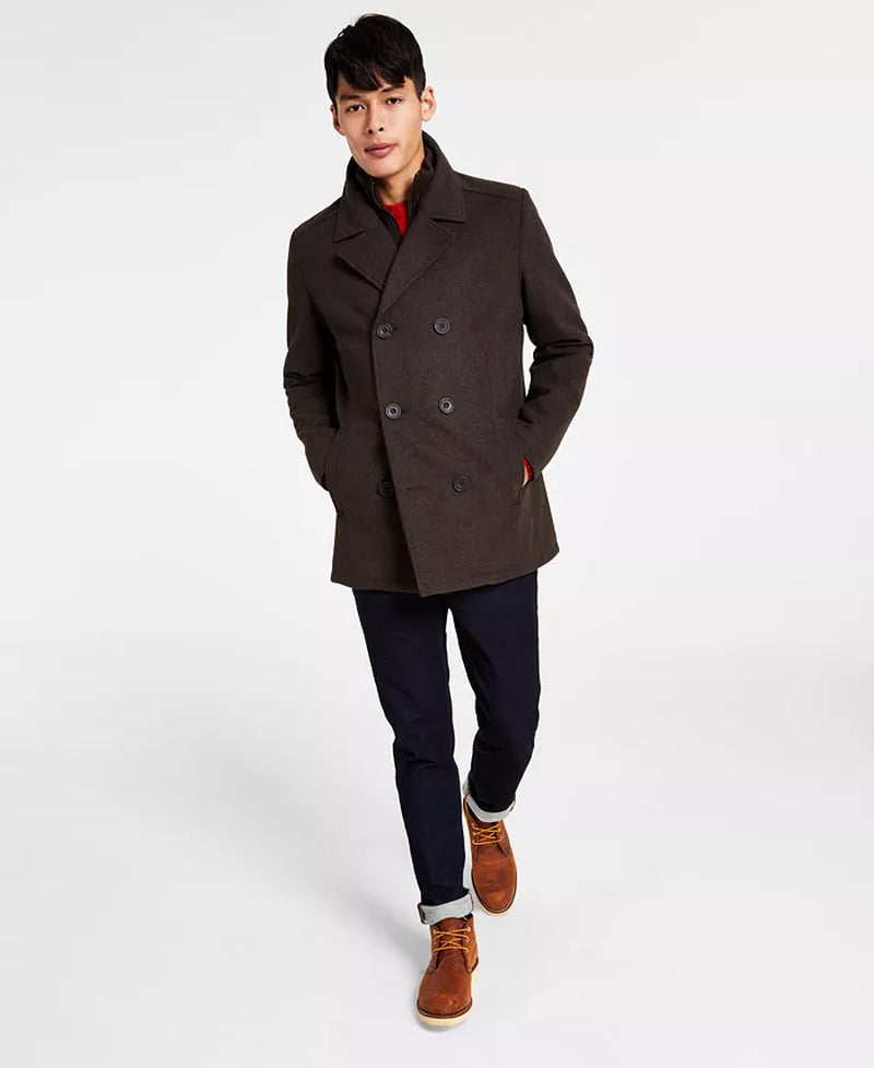 Men'S Double Breasted Wool Blend Peacoat with Bib