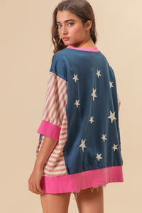 Thumbnail for BiBi US Flag Theme Color Block Star Patch T-Shirt