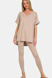 Thumbnail for Zenana Full Size V-Neck Rolled Short Sleeve T-Shirt and Leggings Lounge Set