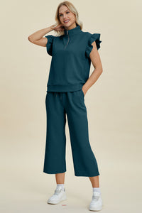 Thumbnail for Double Take Full Size Texture Ruffle Short Sleeve Top and Wide Leg Pants Set