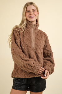 Thumbnail for VERY J Fuzzy Fleece Half Zip Cable Pattern Sweatshirt