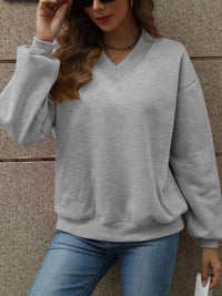 Thumbnail for V-Neck Long Sleeve Dropped Shoulder Sweatshirt