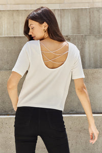 Thumbnail for And The Why Pearly White Full Size Criss Cross Pearl Detail Open Back T-Shirt