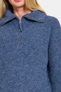 Thumbnail for Zenana Half Zip Long Sleeve Sweater