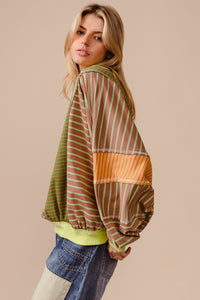 Thumbnail for BiBi Color Block Striped Round Neck Sweatshirt