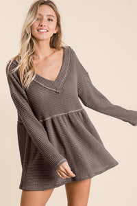 Thumbnail for BiBi Waffle Knit V-Neck Babydoll Blouse