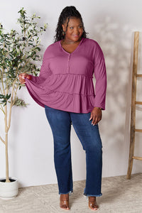 Thumbnail for Double Take Half Button Long Sleeve Ruffle Hem Blouse