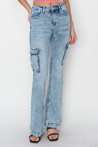 Thumbnail for RISEN Full Size High Rise Cargo Flare Jeans