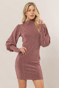 Thumbnail for HYFVE Glitter Mock Neck Long Sleeve Mini Dress