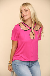 Thumbnail for Celeste Full Size Crisscross Cutout Leopard Contrast Trim T-Shirt